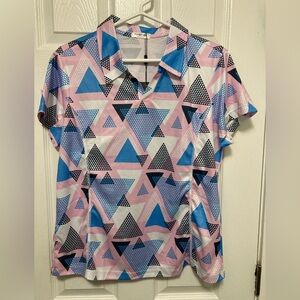 *Pinspark Pink Geometric Patterned Large Women’s Short Sleeve Golf Blouse